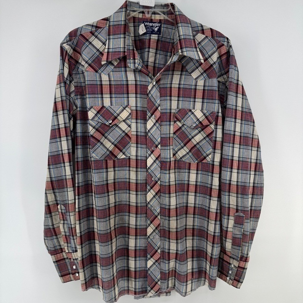 Wrangler VTG Shirt Mens 17.5x35 Red Plaid Cowboy Cut Pearl Snap Long Tail XL